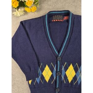 Vintage American Priority Navy Argyle Cotton Cardigan Sweater Youth S 4-5 Preppy